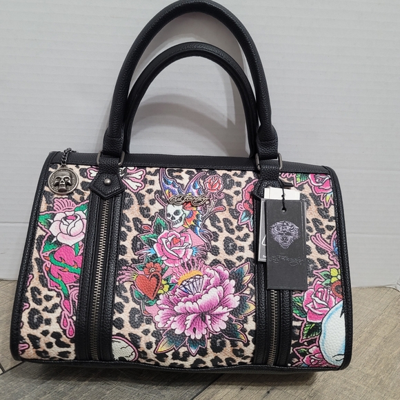 NWT Ed Hardy Cheetah Skull And Roses Tatoo Design Satchel/ Crossbody Handbag - Picture 1 of 15